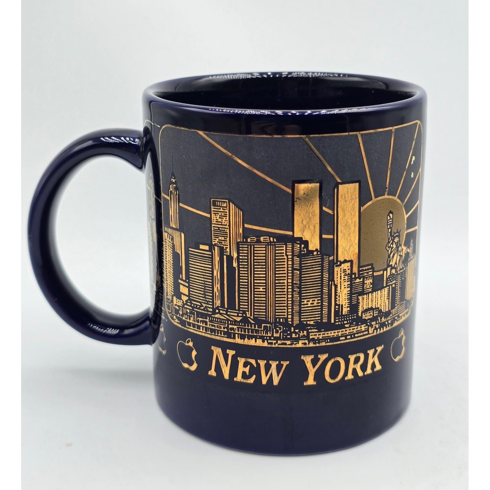 Vintage 80s New York City Skyline Mug Dark Blue Gold Twin Towers Souvenir Travel